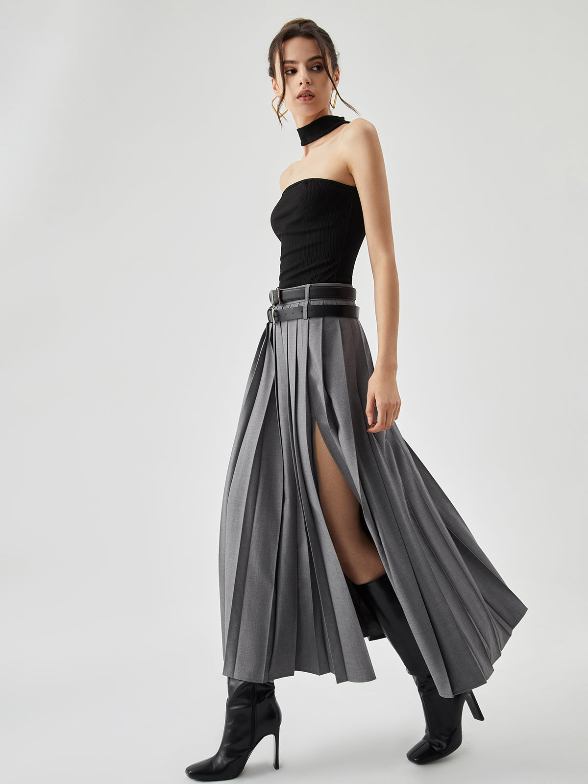 スカート helk SLIT PLEATED SKIRT (GRAY) Pleated Split Maxi Skirt Without Belt | COMMENSE