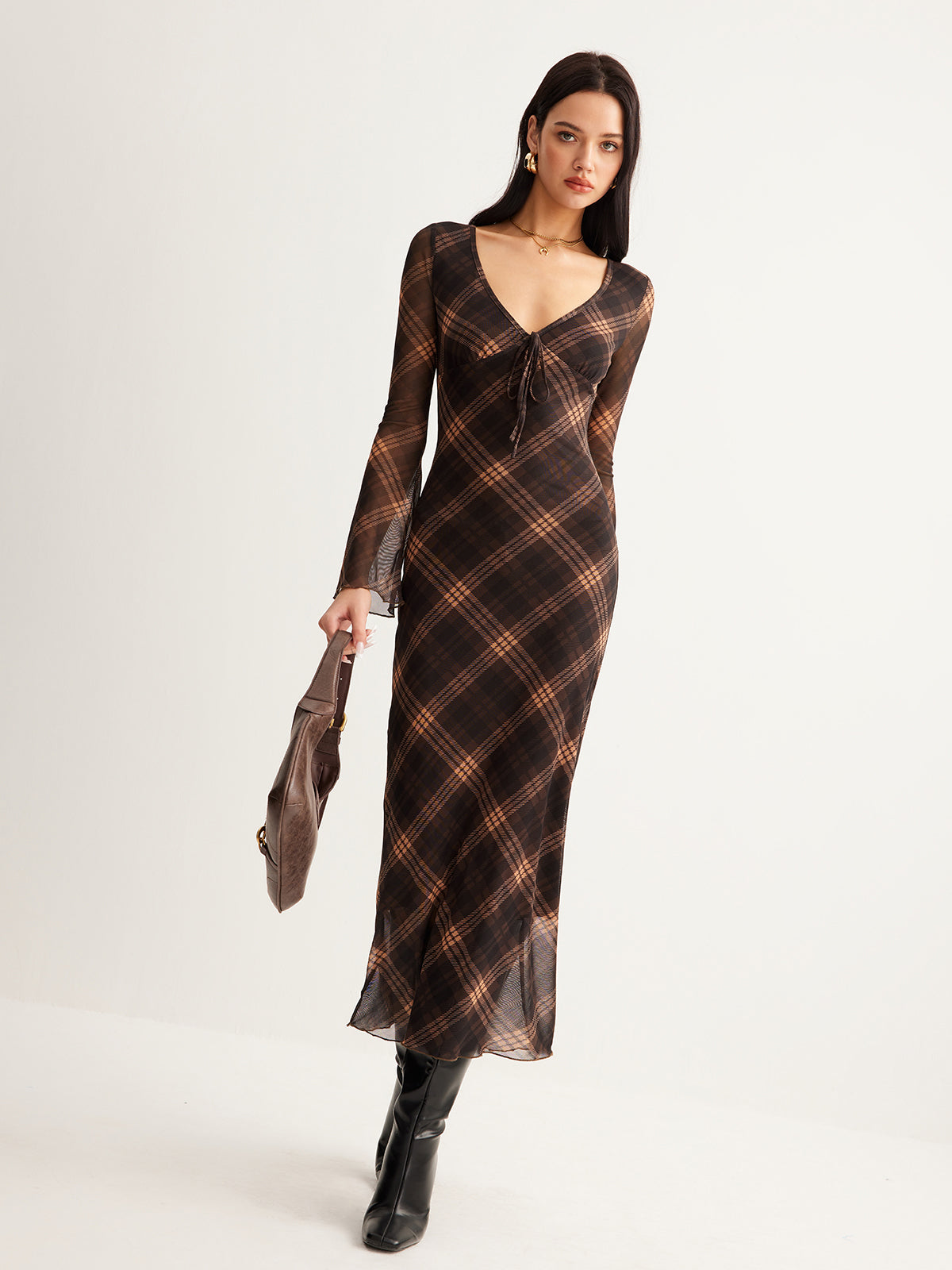 checkered mesh dress No Compromise Long Sleeve Checkered Print Mesh Maxi Dress L