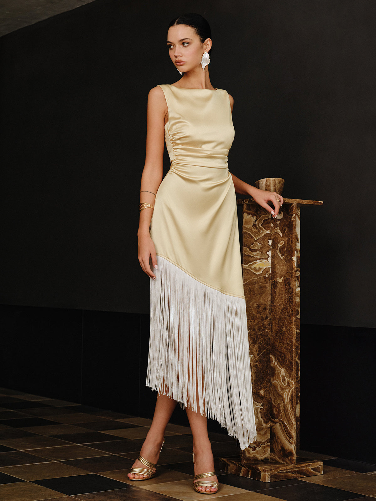 Satin Asymmetric Fringe Hem Maxi Dress | COMMENSE
