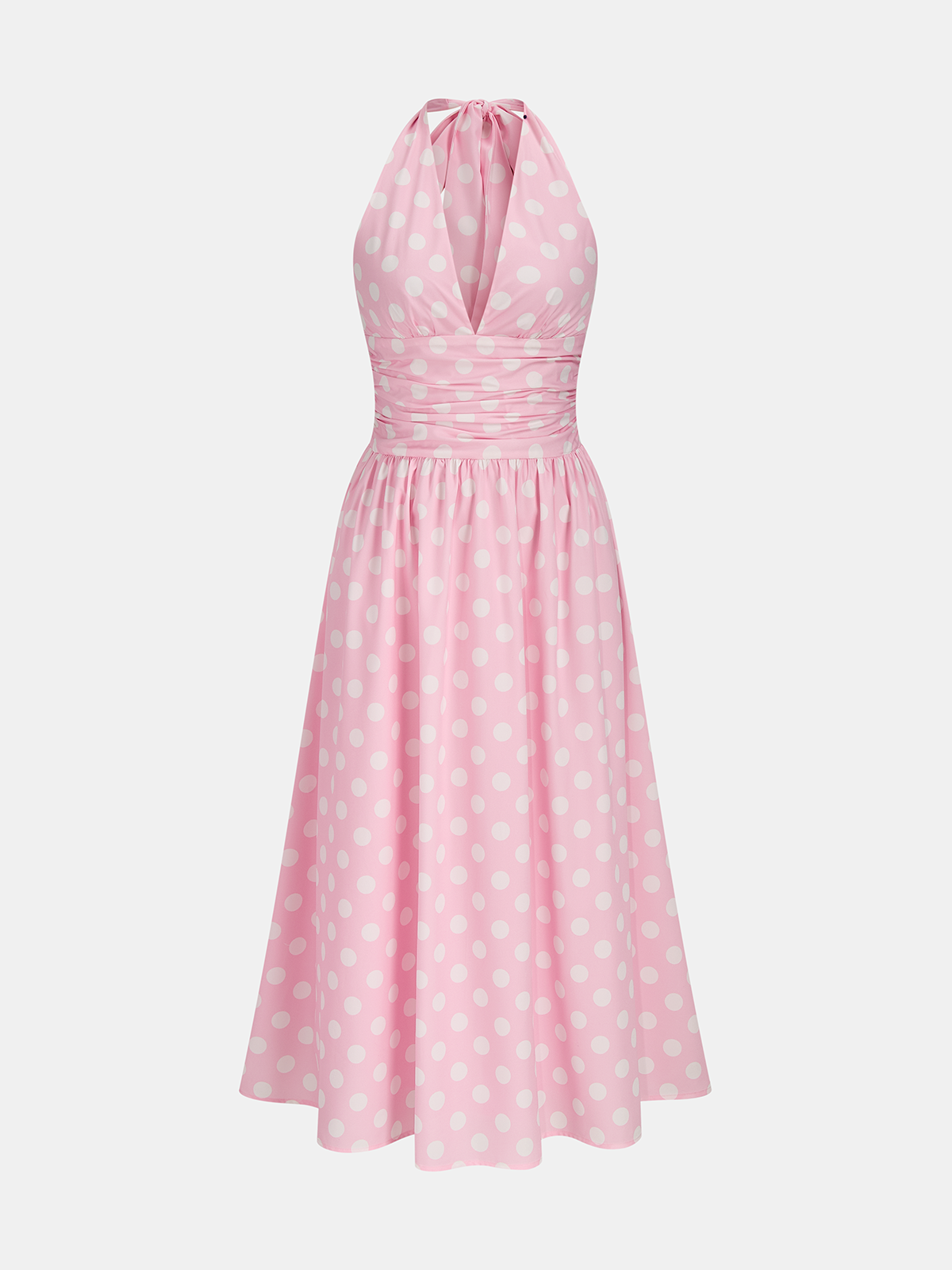 Polka Dot Halter Ruched Midi Dress