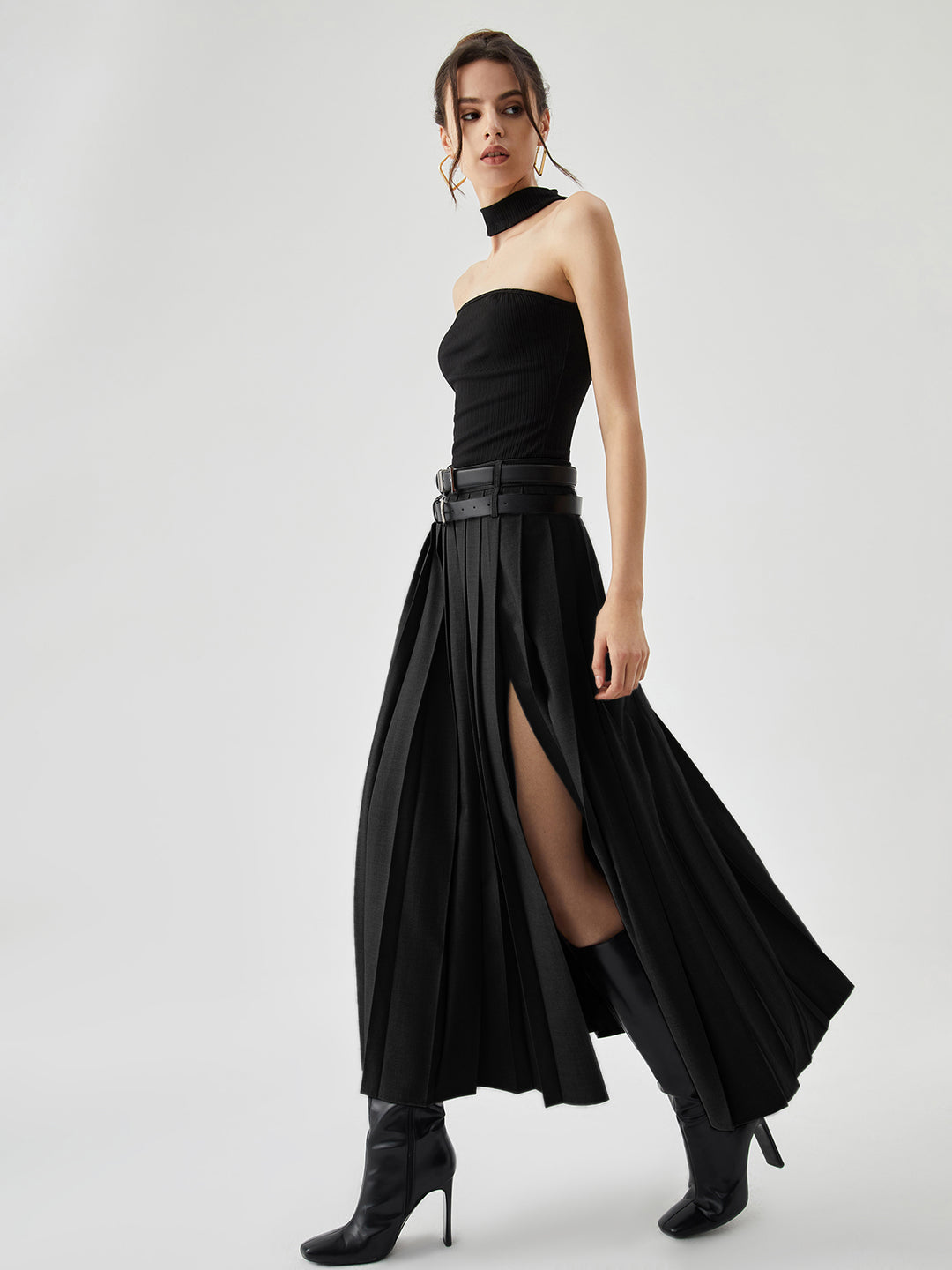 【引越しセール】Slit Pleated Skirt 新品 Pleated Split Maxi Skirt Without Belt | COMMENSE