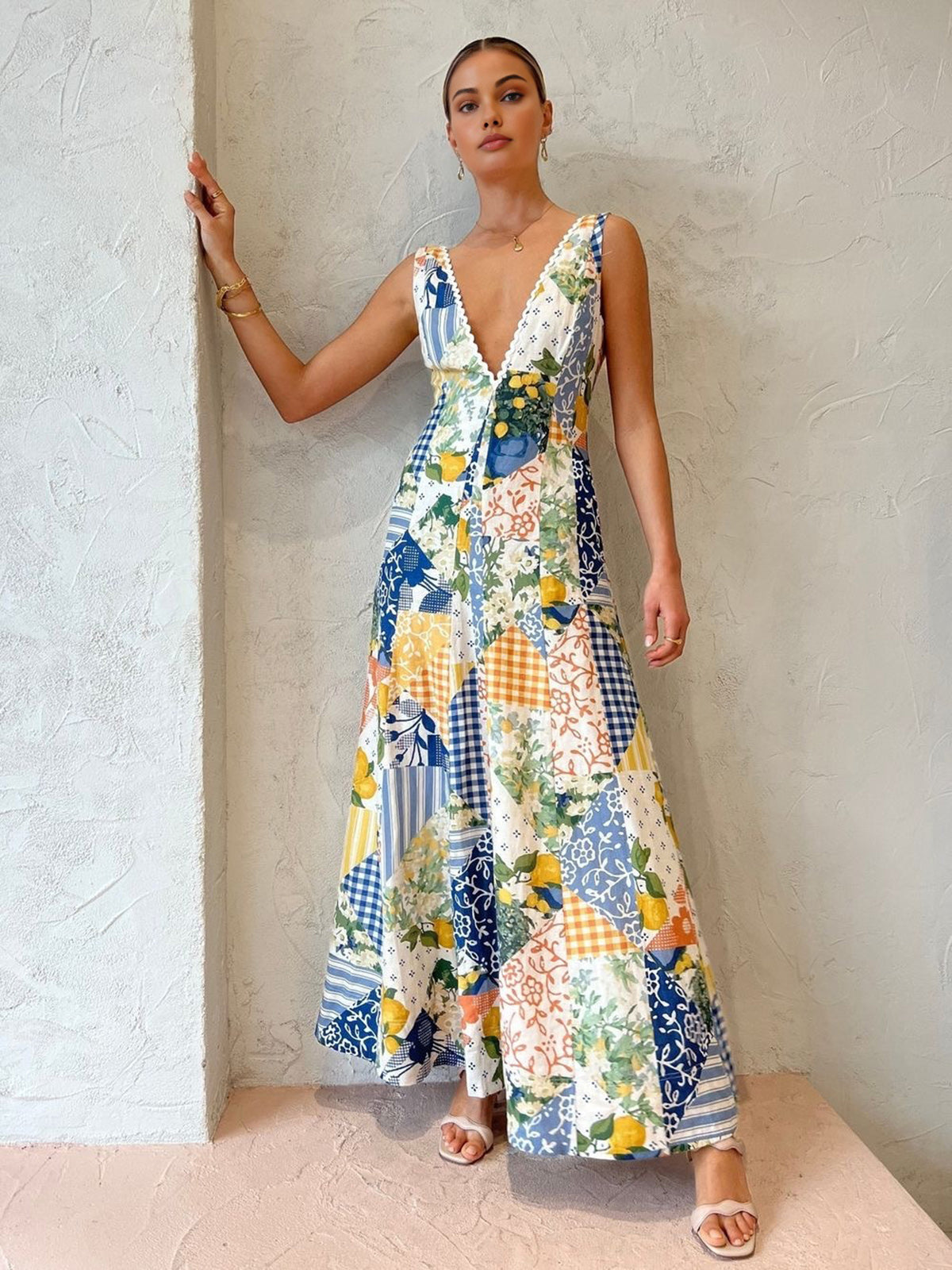 Lemonade Print Lace Trim Long Dress Lemonade Print Lace Trim Long Dress