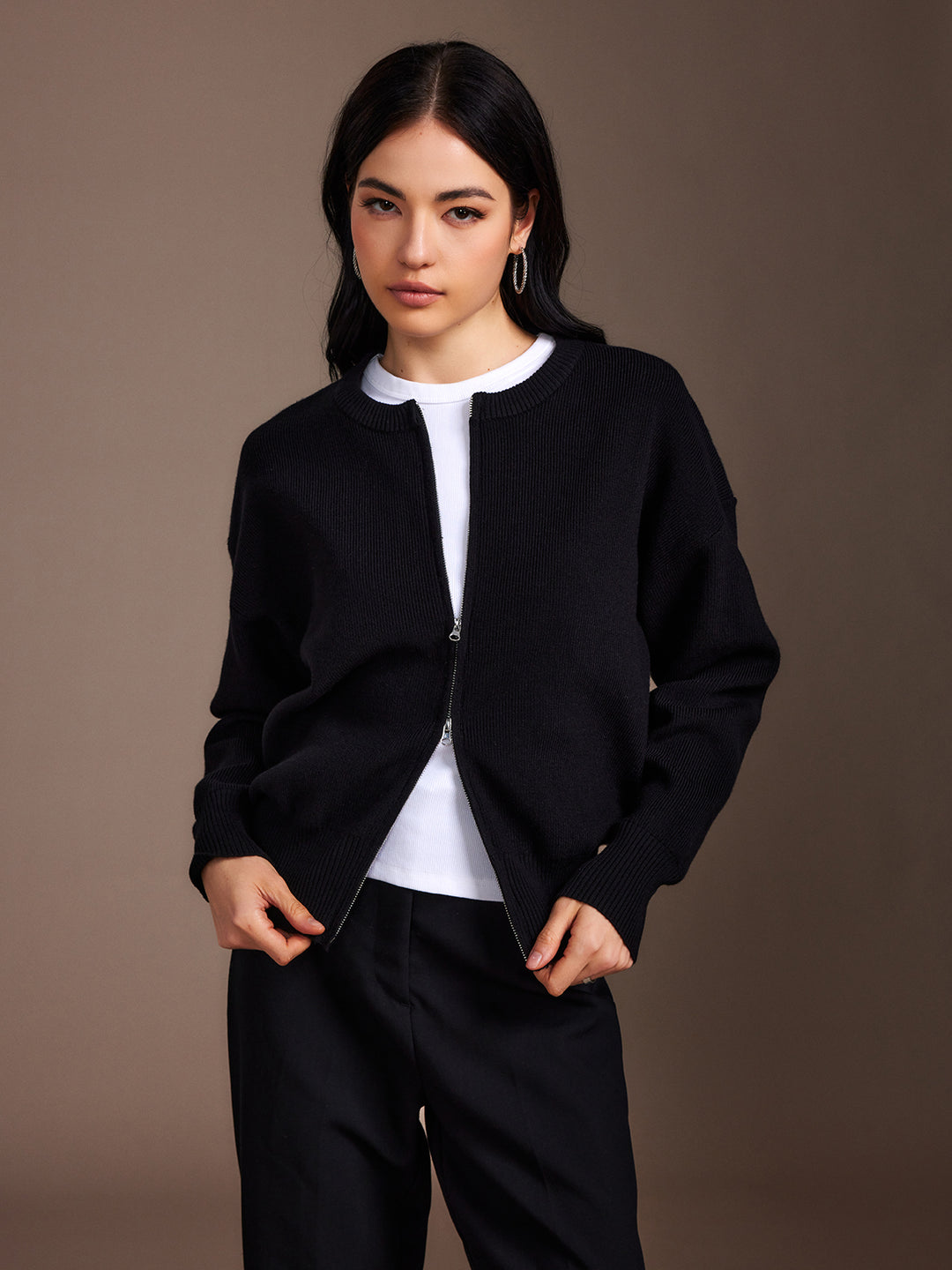 Plain Double Zip Cardigan – COMMENSE