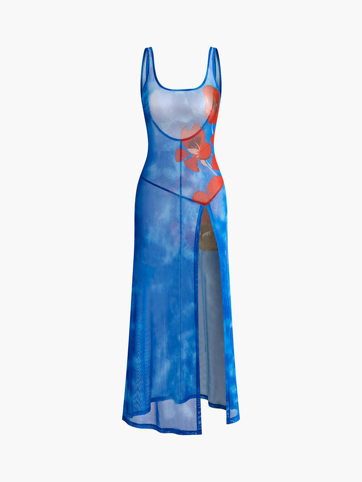 ebay floral maxi dress Semi-Sheer Floral Backless Split Dress