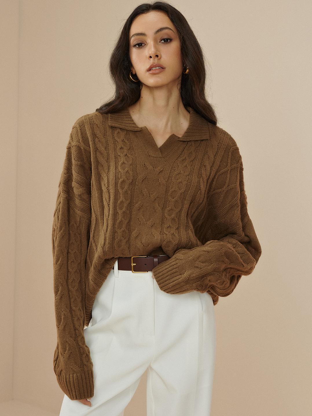 Oversized Lapel Cable Pullover Sweater | COMMENSE