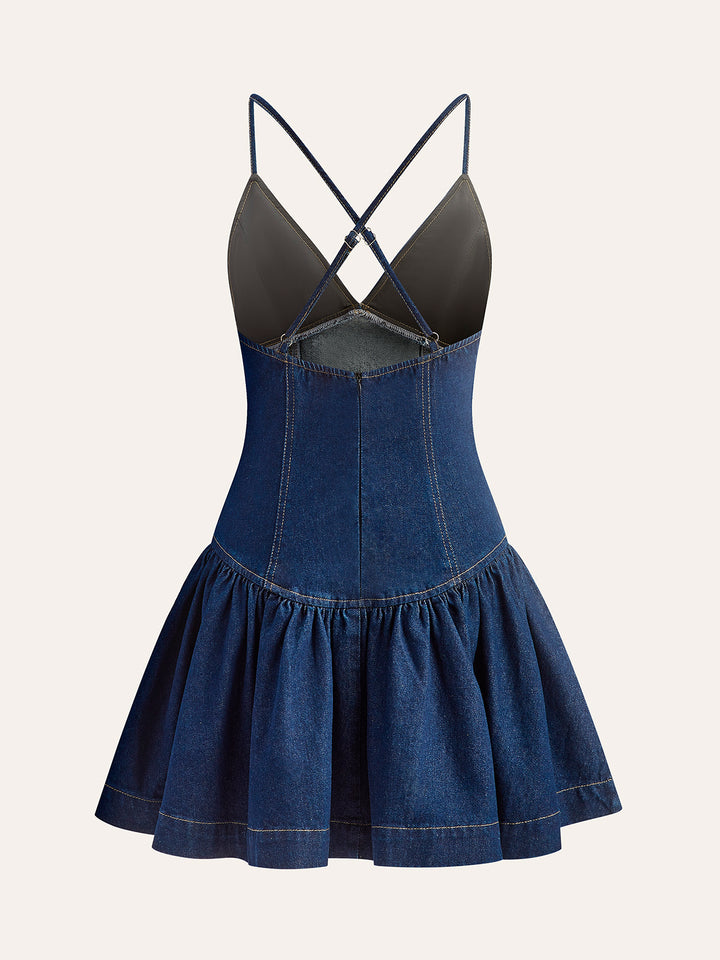 clinton in blue dress portrait Cross-Back Denim Flared Dress