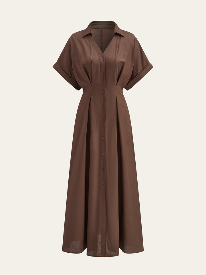 Pleated Button-Front Shirt Dress | COMMENSE