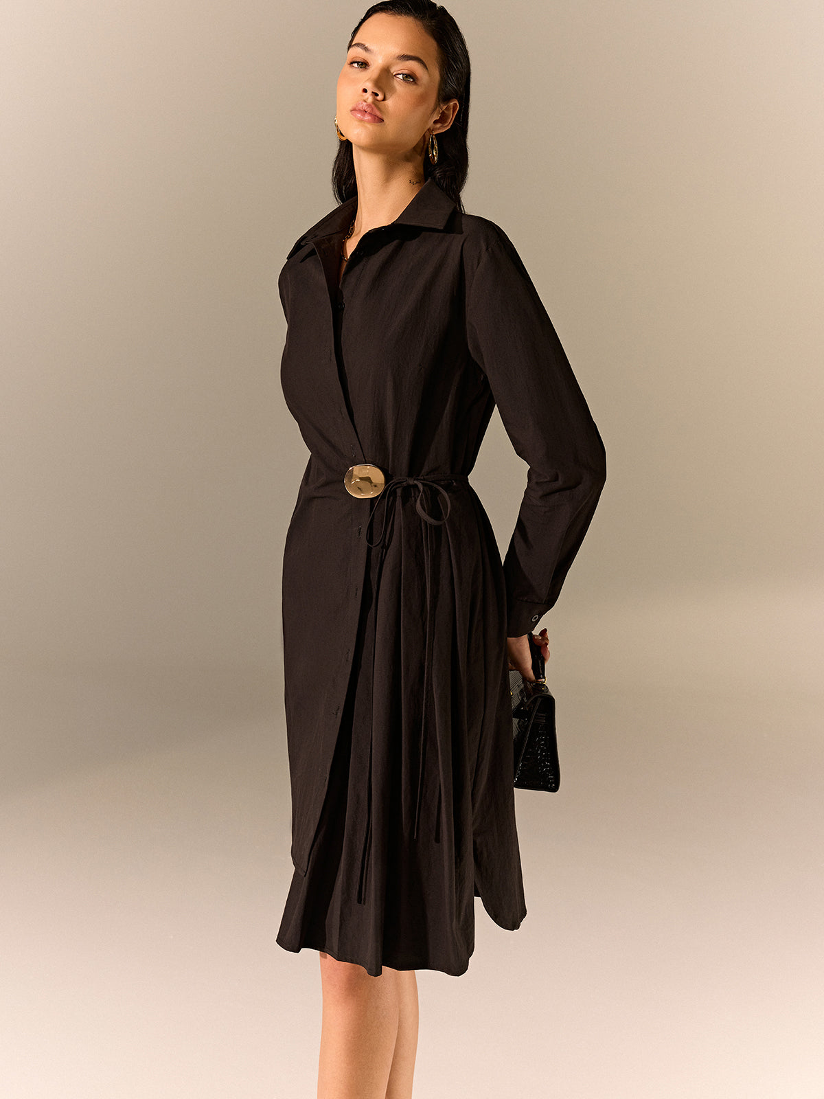 pleated hem shirt dress Satin Shirt Mini Dress With Pleated Hem and Belt Black / Large