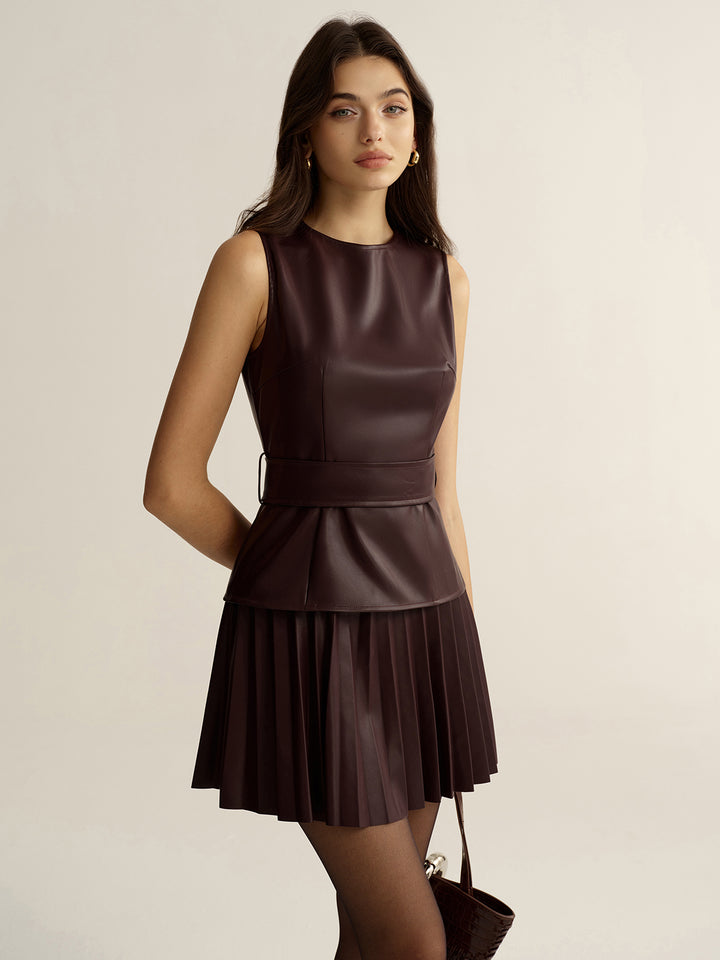chinese dress ladies Belted Faux Leather Sleeveless Pleated Mini Dress
